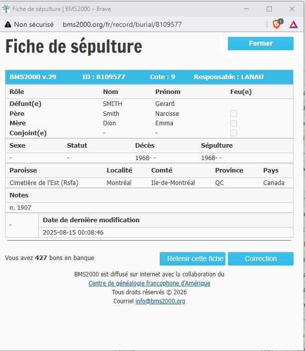 Fiche de sépulture de la base de données BMS2000