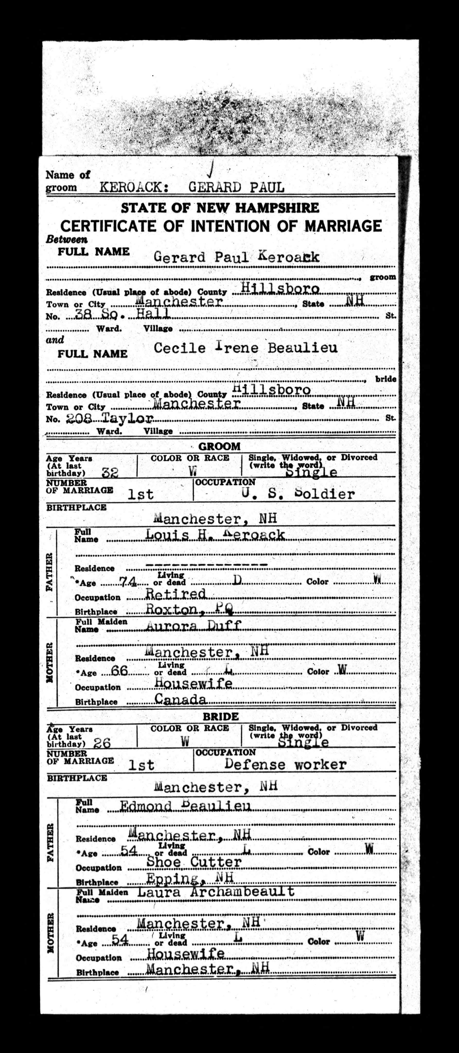 Enregistrement du mariage, recto