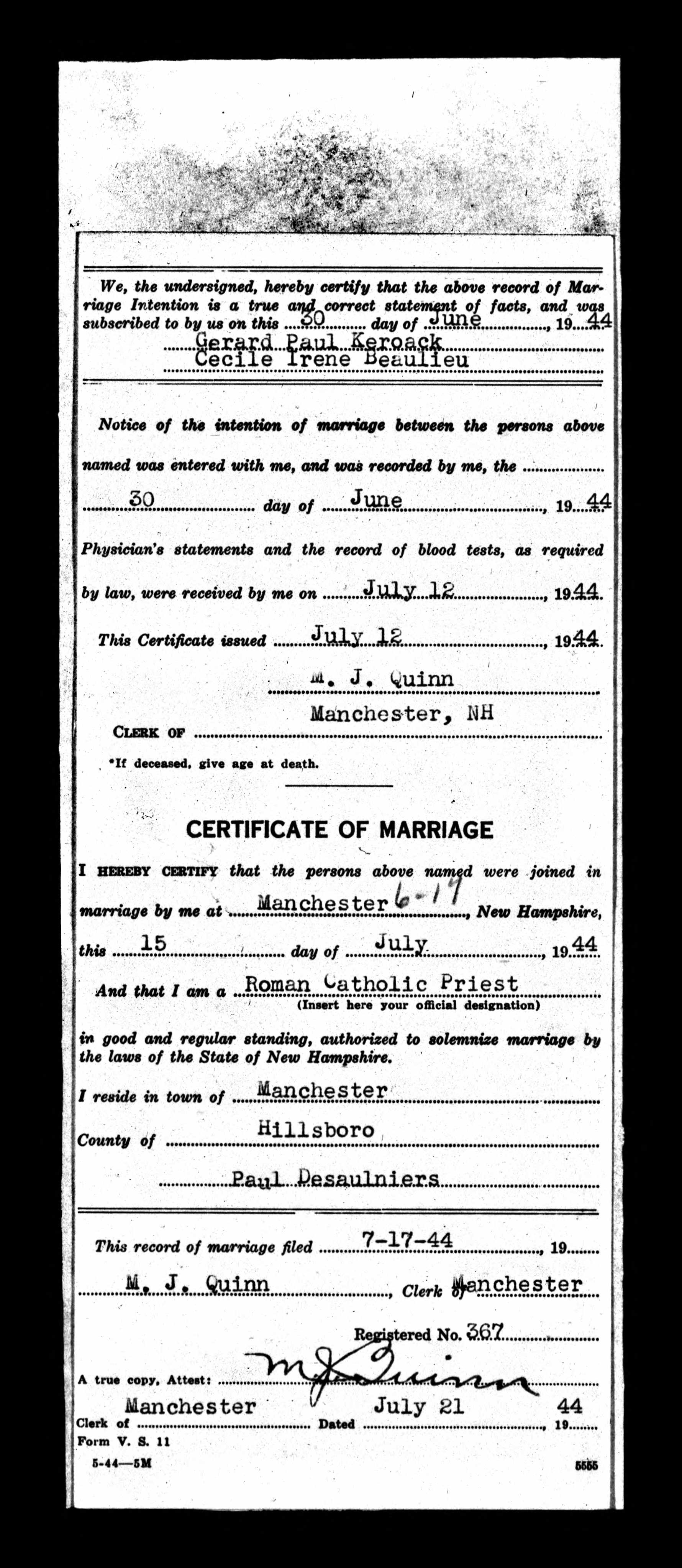 Enregistrement du mariage, verso
