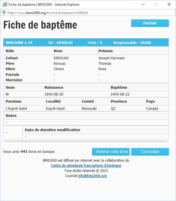 Fiche de baptême de la base de données BMS2000