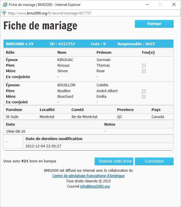 Fiche de mariage de la base de données BMS2000