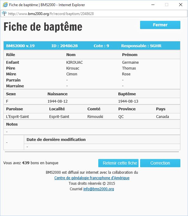Fiche de baptême de la base de données BMS2000
