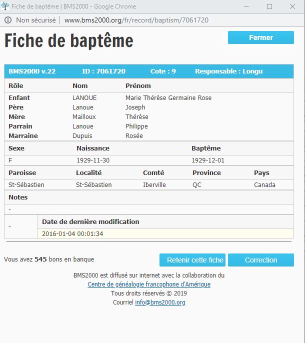 Fiche de baptême de la base de données BMS2000