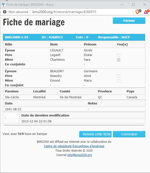 Fiche de mariage de la base de données BMS2000