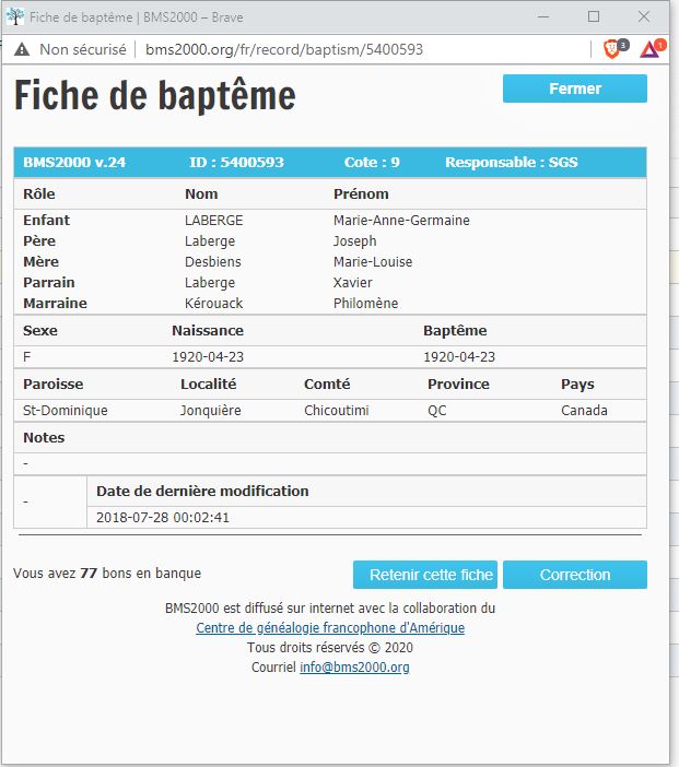 Fiche de baptême de la base de données BMS2000