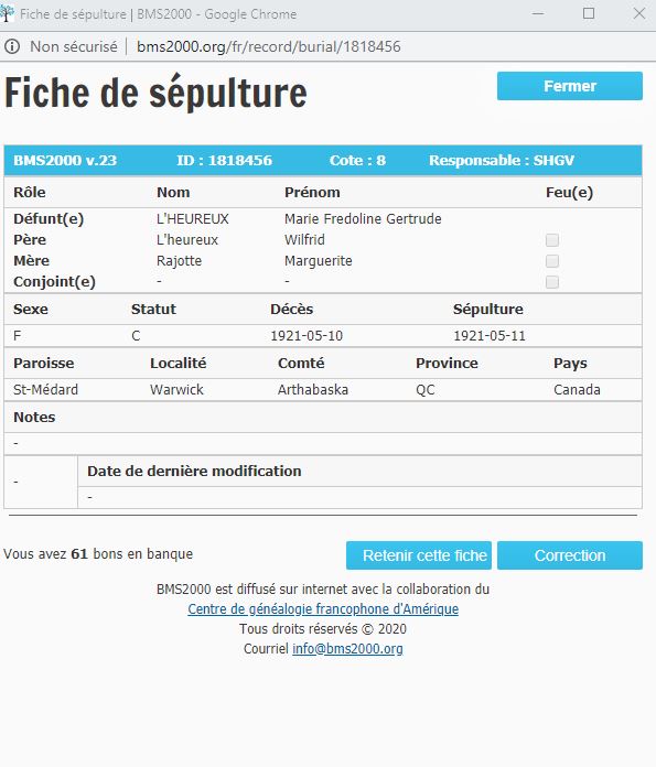 Fiche de sépulture de la base de données BMS2000