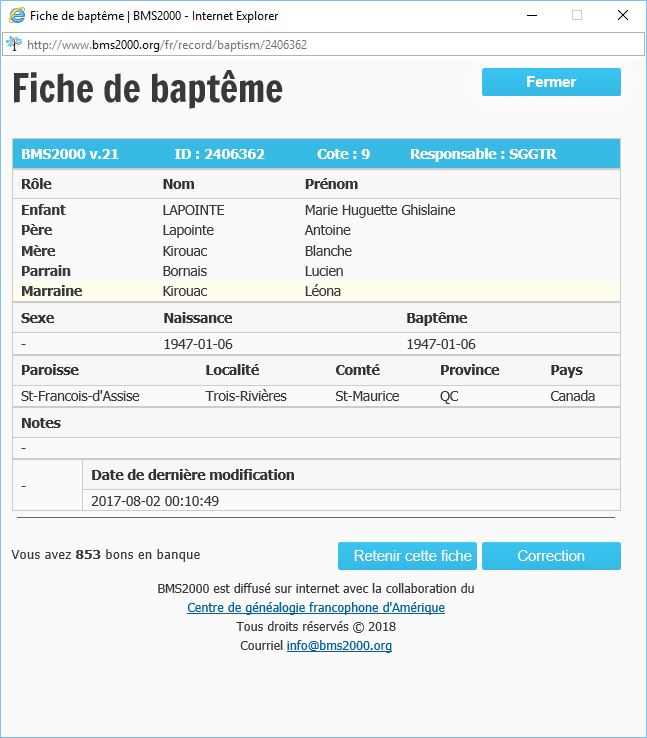 Fiche de baptême de la base de données BMS2000 Fiche de baptême de la base de données BMS2000