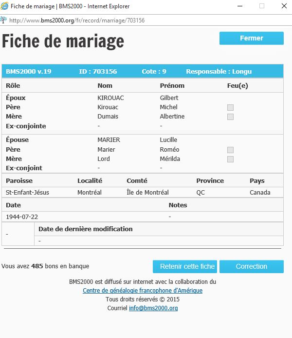 Fiche de mariage de la base de données BMS2000