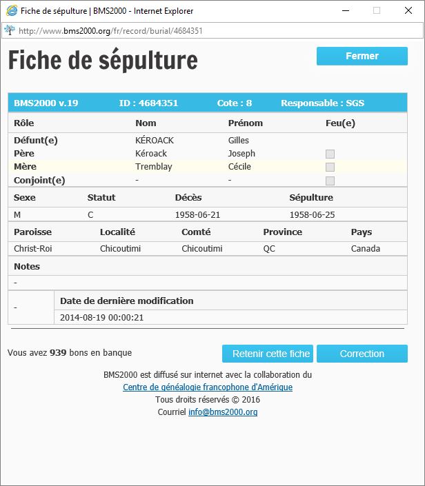 Fiche de sépulture de la base de données BMS2000