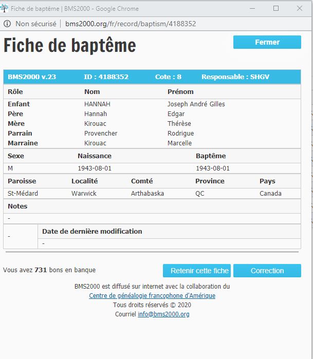 Fiche de baptême de la base de données BMS2000
