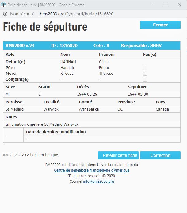 Fiche de sépulture de la base de données BMS2000
