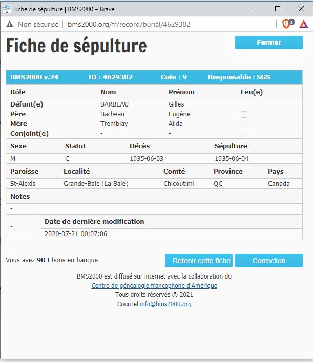 Fiche de sépulture de la base de données BMS2000