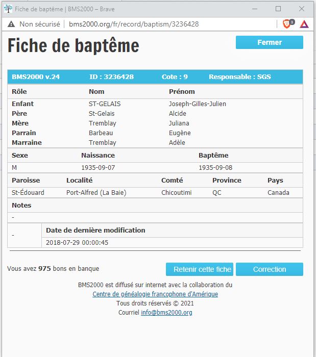 Fiche de baptême de la base de données BMS2000