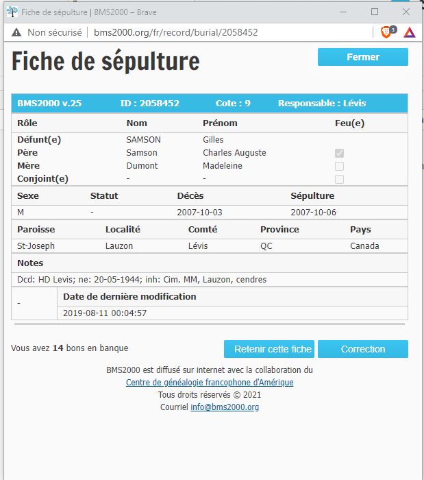 Fiche de sépulture de la base de données BMS2000
