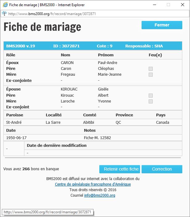 Fiche de mariage de la base de données BMS2000