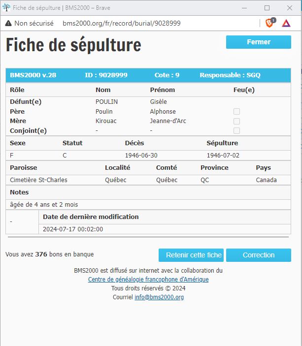Fiche de sépulture de la base de données BMS2000