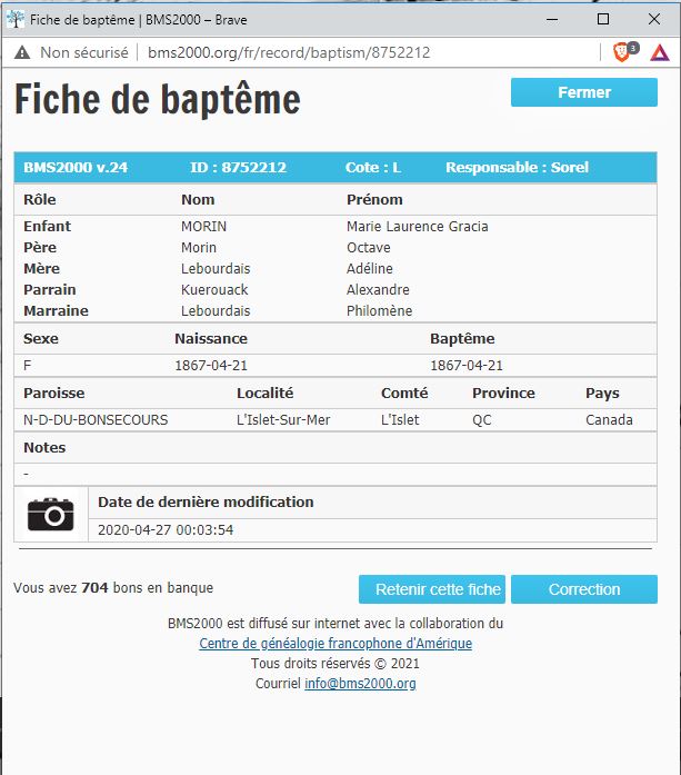 Fiche de baptême de la base de données BMS2000