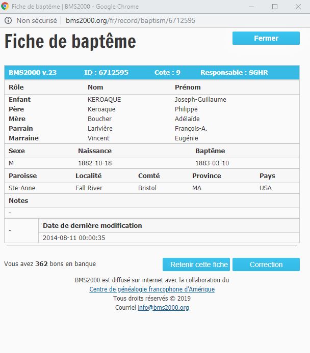 Fiche de baptême de la base de données BMS2000