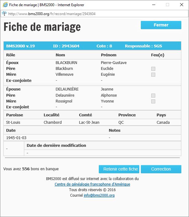Fiche de mariage de la base de données BMS2000