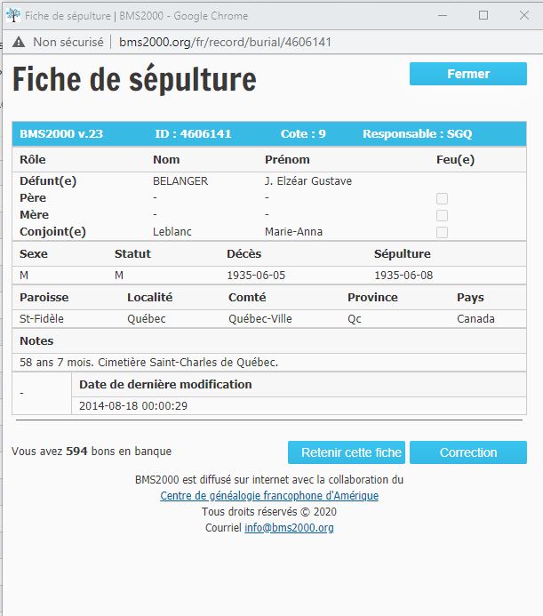 Fiche de sépulture de la base de données BMS2000