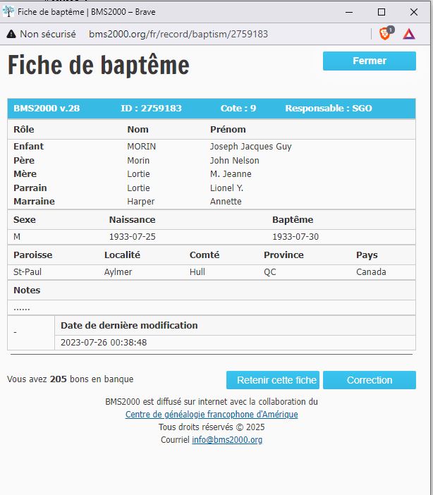 Fiche de baptême de la base de données BMS2000 Fiche de baptême de la base de données BMS2000