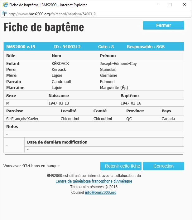 Fiche de baptême de la base de données BMS2000