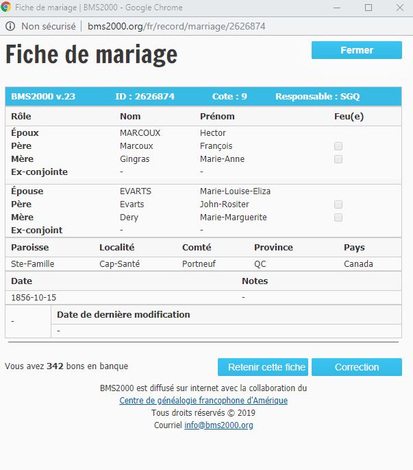 Fiche de mariage de la base de données BMS2000