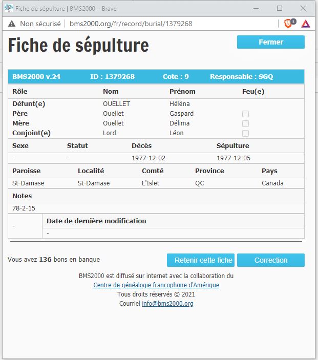 Fiche de sépulture de la base de données BMS2000