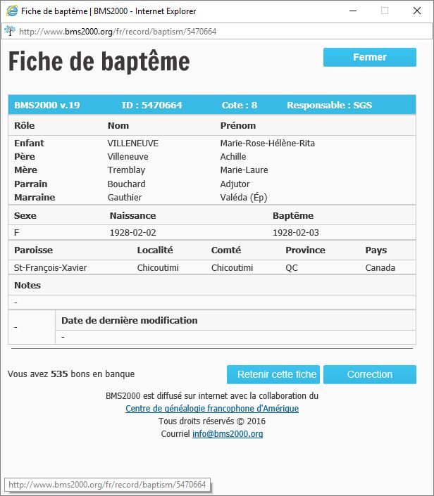 Fiche de baptême de la base de données BMS2000