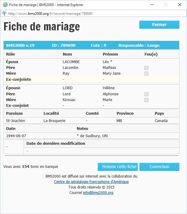 Fiche de mariage de la base de données BMS2000