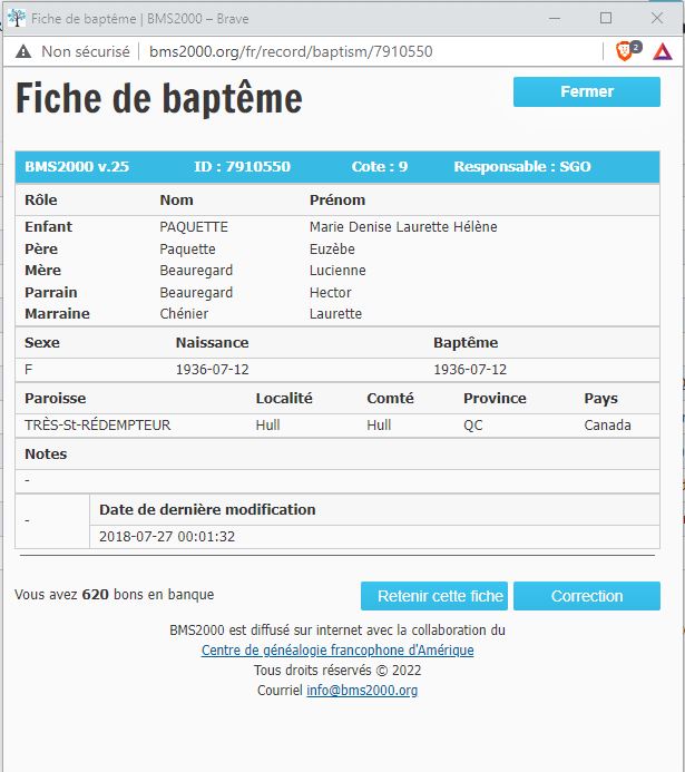 Fiche de baptême de la base de données BMS2000 Fiche de baptême de la base de données BMS2000