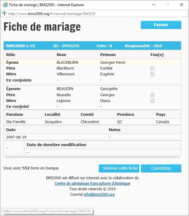 Fiche de mariage de la base de données BMS2000