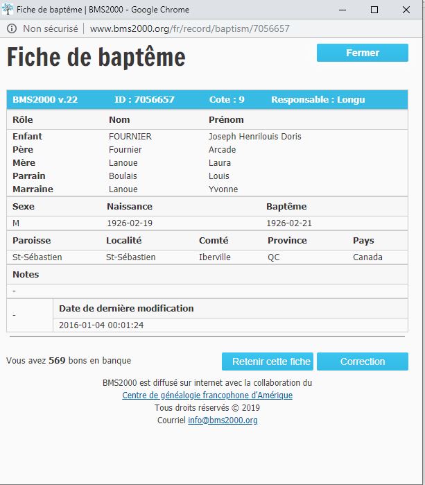 Fiche de baptême de la base de données BMS2000