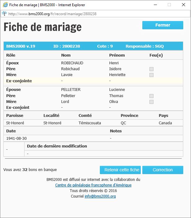 Fiche de mariage de la base de données BMS2000