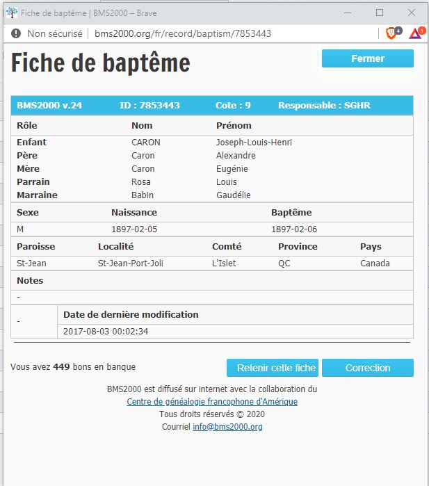Fiche de baptême de la base de données BMS2000