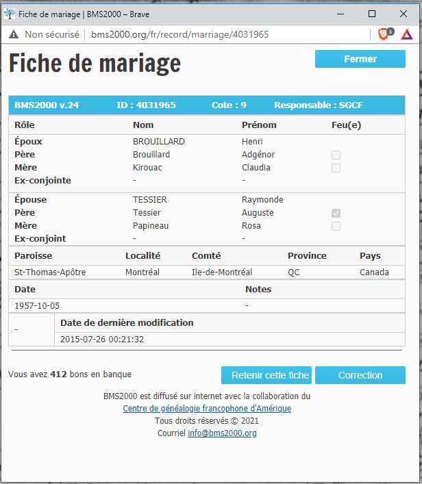 Fiche de mariage de la base de données BMS2000