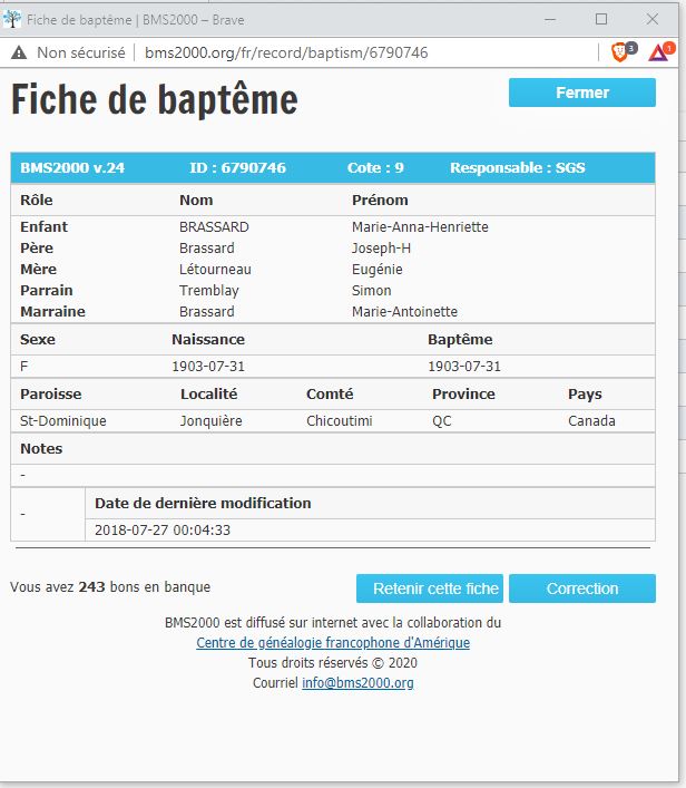 Fiche de baptême de la base de données BMS2000