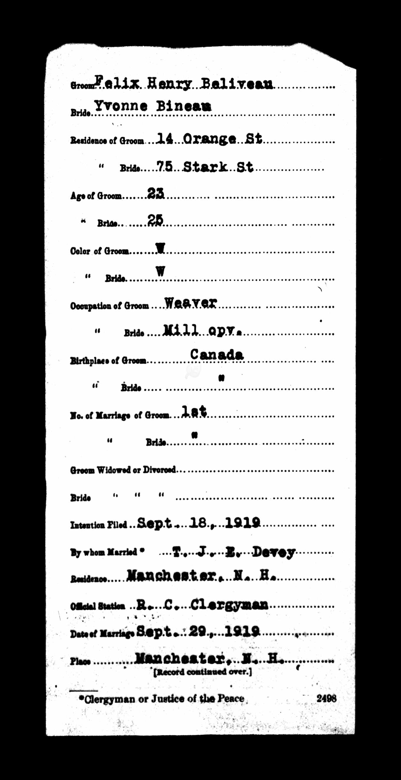 Enregistrement du mariage, recto Enregistrement du mariage, recto