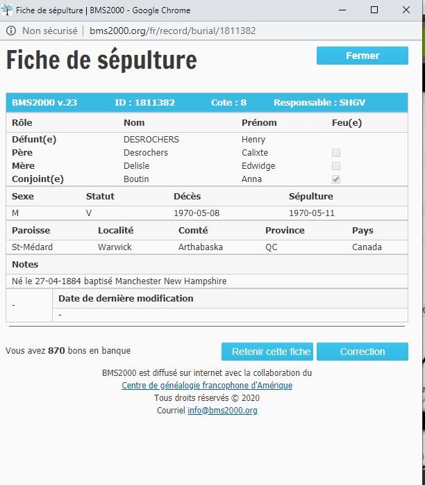 Fiche de sépulture de la base de données BMS2000