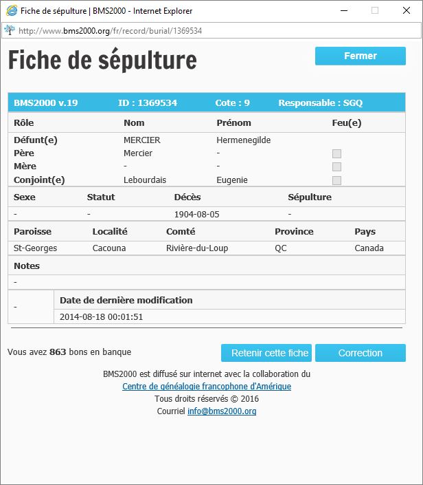 Fiche de sépulture de la base de données BMS2000