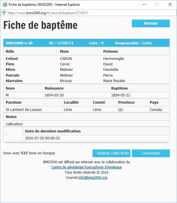 Fiche de baptême de la base de données BMS2000