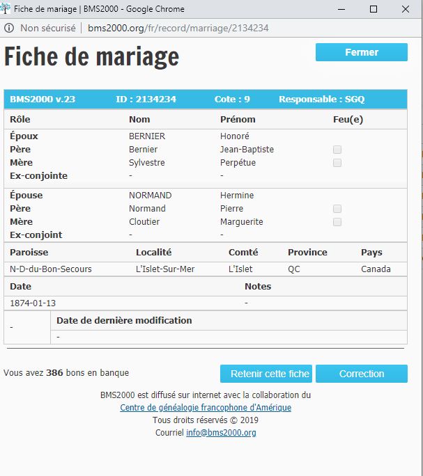 Fiche de mariage de la base de données BMS2000