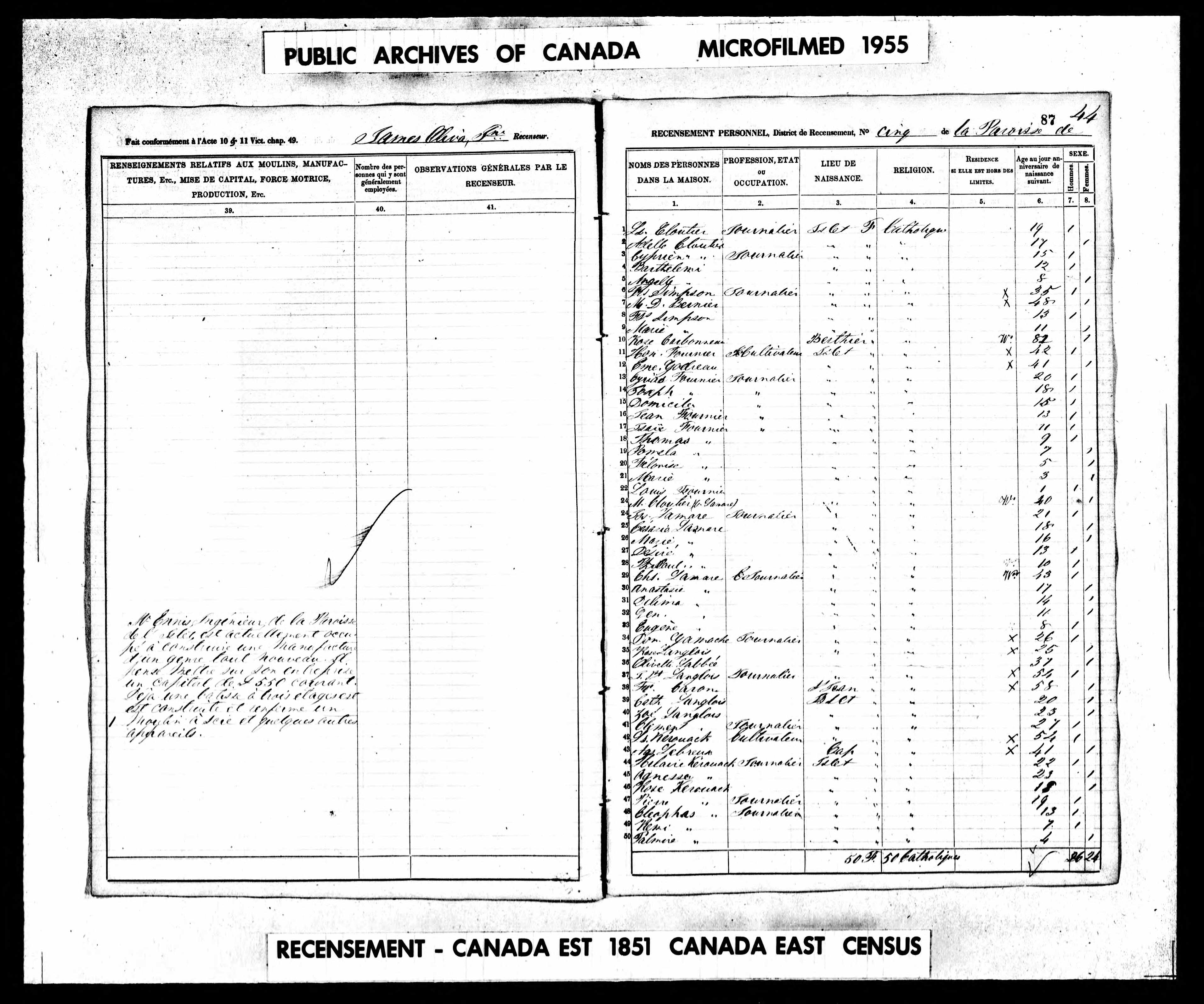 Recensement canadien 1851