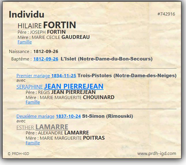 Fiche individuelle du PRDH Fiche individuelle du PRDH