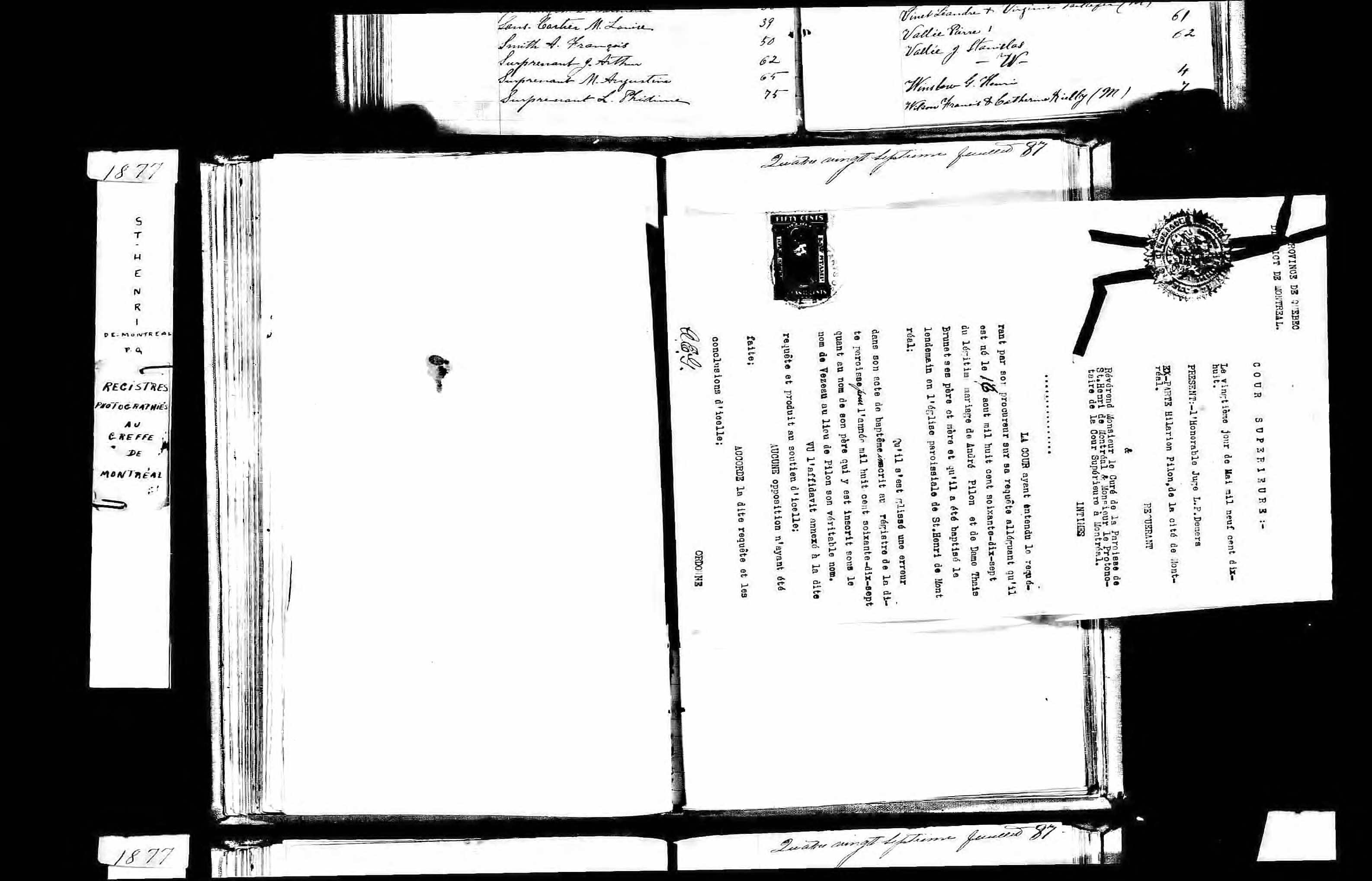  Acte de baptême, décision de la Cour supérieure