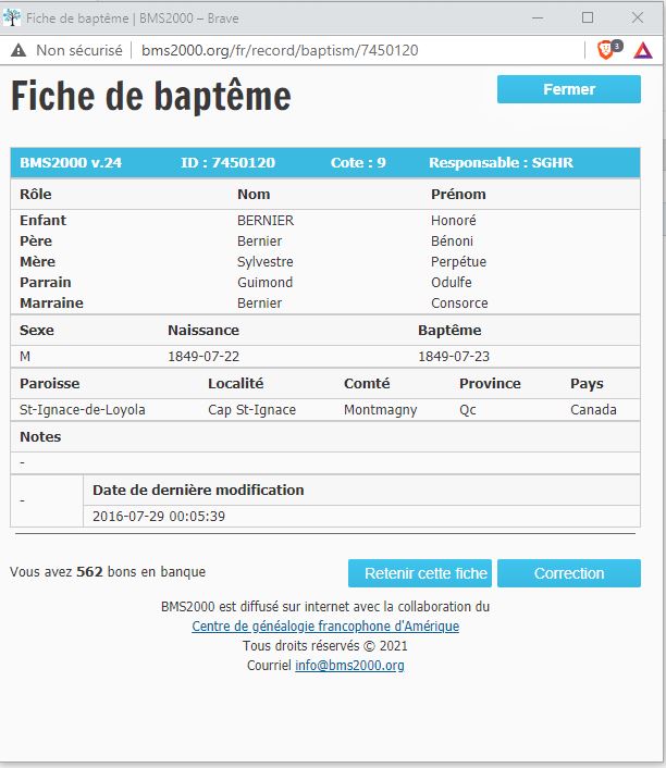 Fiche de baptême de la base de données BMS2000