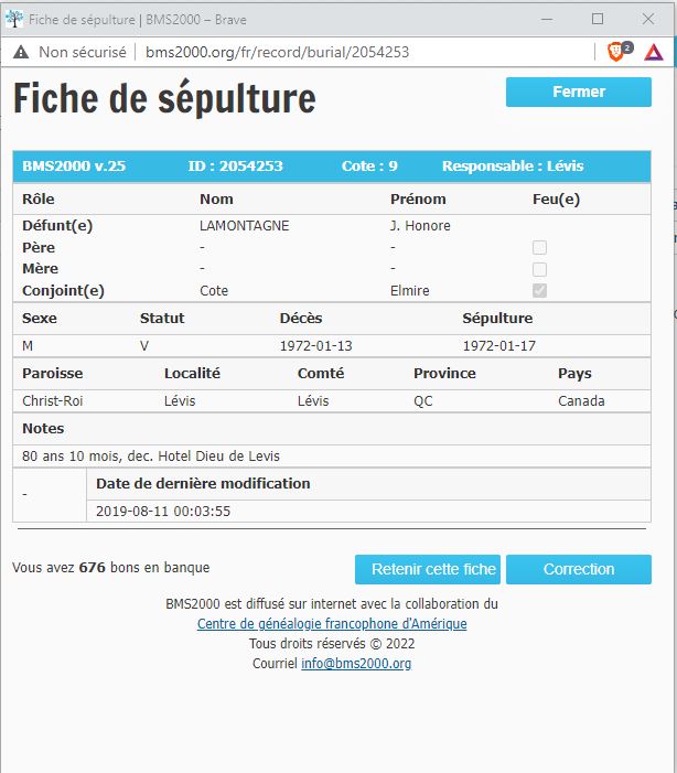 Fiche de sépulture de la base de données BMS2000
