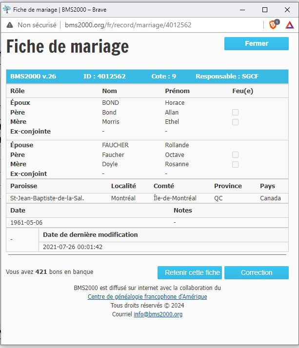 Fiche de mariage de la base de données BMS2000