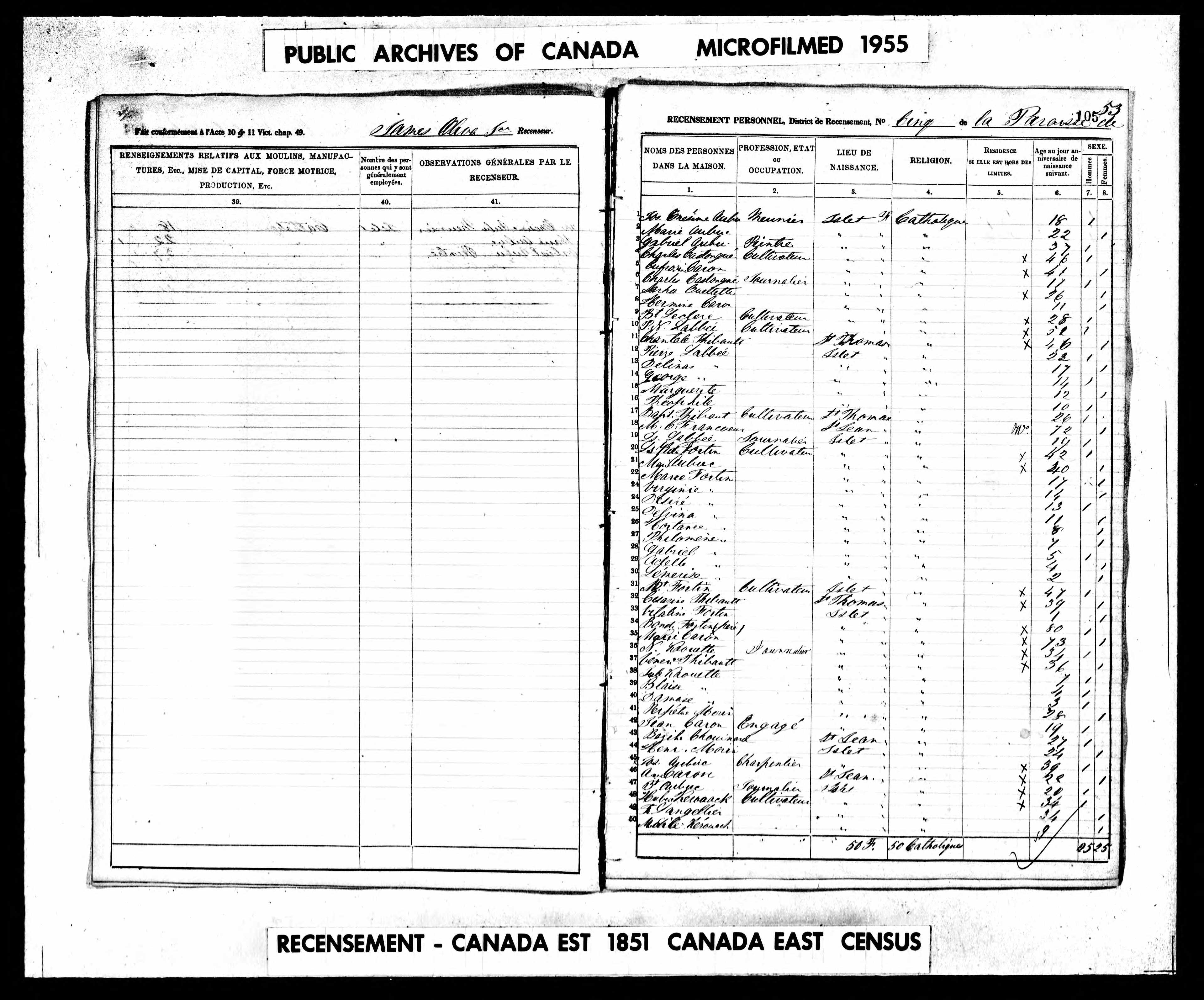 Recensement canadien 1851