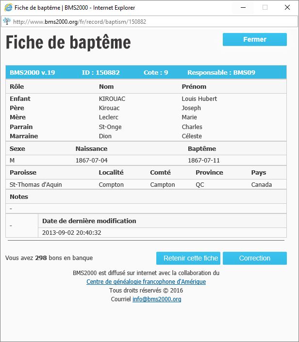 Fiche de baptême de la base de données BMS2000 Fiche de baptême de la base de données BMS2000
